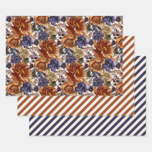 Hoja De Papel De Regalo Elegante Naranja quemado Marina Azul otoño floral