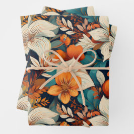 Hoja De Papel De Regalo Elegante Naranja Turquesa Flor Patrón Floral
