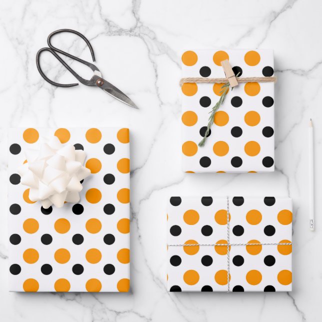 Hoja De Papel De Regalo Elegante Naranja Y Puntos De Polka Negro (Anverso)