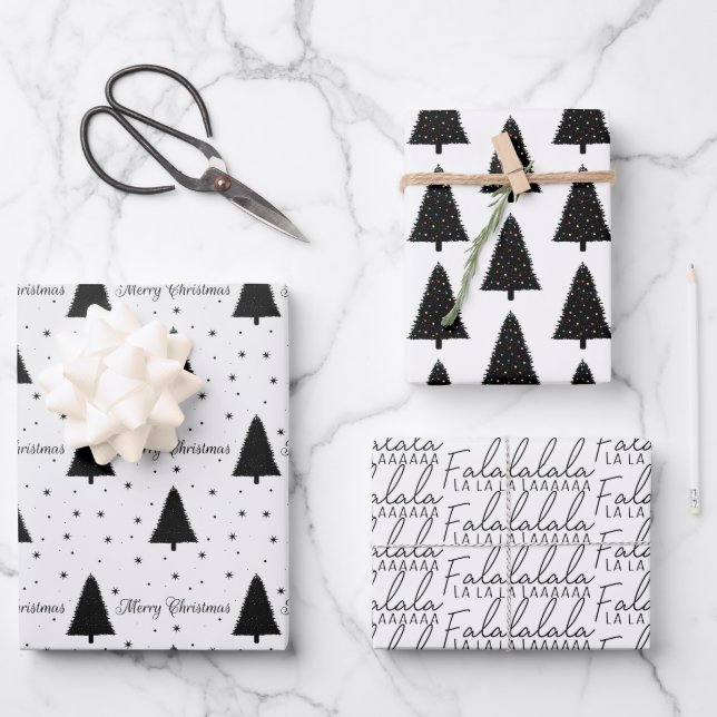 Hoja De Papel De Regalo Elegante Navidad en blanco y negro Árbol de Navida (Anverso)