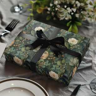 Hoja De Papel De Regalo Elegante Navidad Floral Verde y Crema Invernal