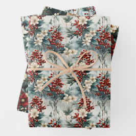 Hoja De Papel De Regalo Elegante Navidades botánicos de Berry y Flores Roj