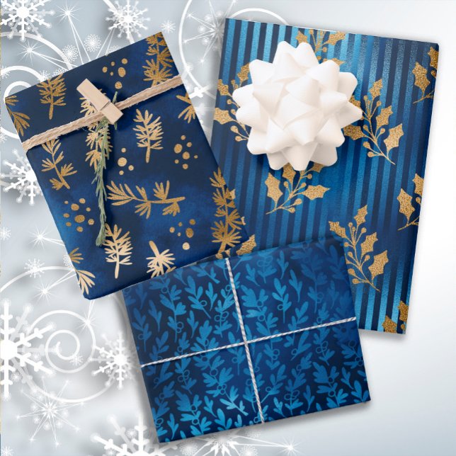 Hoja De Papel De Regalo Elegante Navidades de lujo Blue Gold (Elegant blue and gold Christmas wrapping paper 3-sheet collection)