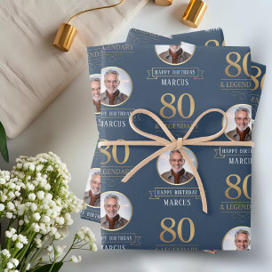 Hoja De Papel De Regalo Elegante Navy y Oro 80 cumpleaños legendario