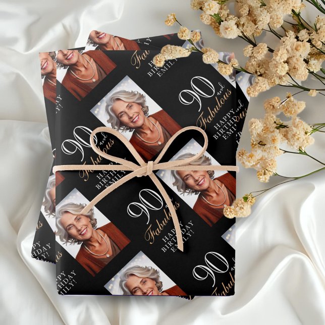 Hoja De Papel De Regalo Elegante negro 90 y fabulosa foto de cumpleaños 90 (Subido por el creador)