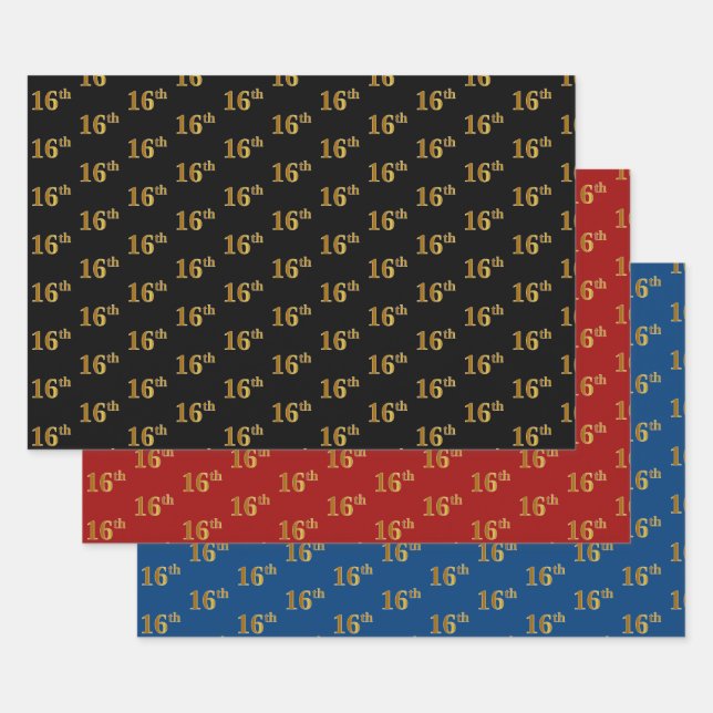 Hoja De Papel De Regalo Elegante Negro, Rojo, Azul, Faux Gold 16º Evento # (Set)