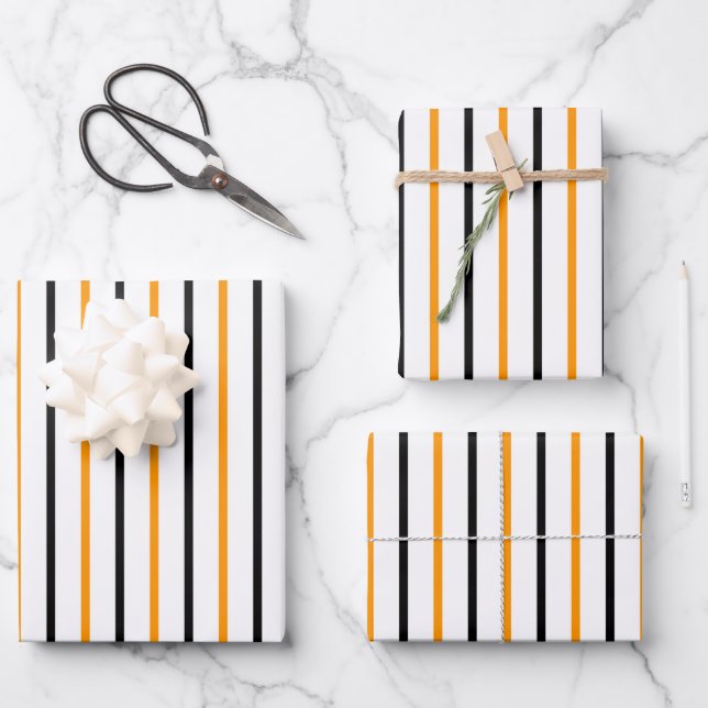 Hoja De Papel De Regalo Elegante negro y Naranja a rayas (Anverso)
