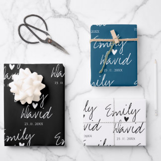 Hoja De Papel De Regalo Elegante Novia Groom nombra Boda Blanco Azul Negro