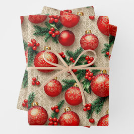 Hoja De Papel De Regalo Elegante Ornamentos Vintage Red Gold de Navidad Ho