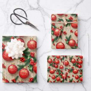 Hoja De Papel De Regalo Elegante Ornamentos Vintage Red Gold de Navidad Ho