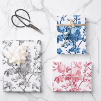 Hoja De Papel De Regalo Elegante Pastel Rosa, Gris, Rosas Azules