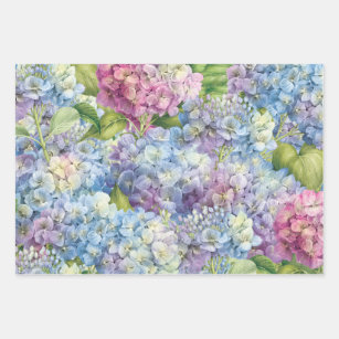 Hoja De Papel De Regalo Elegante patrón azul floral y rosa hidránico