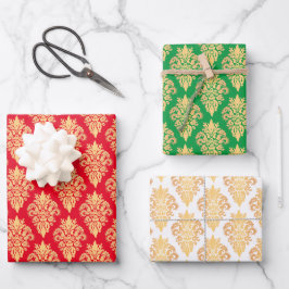 Hoja De Papel De Regalo Elegante patrón clásico de damasco rojo oro verde