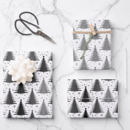 Hoja De Papel De Regalo Elegante patrón de árbol de Navidad blanco negro