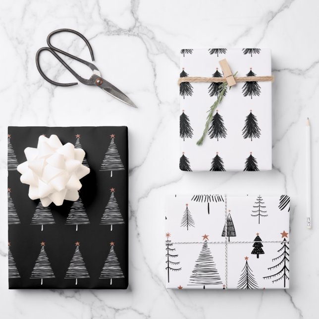Hoja De Papel De Regalo Elegante patrón de árbol de Navidad blanco negro (Anverso)