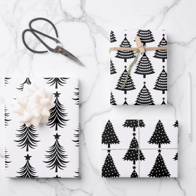 Hoja De Papel De Regalo Elegante patrón de árbol de Navidad blanco y negro (Anverso)