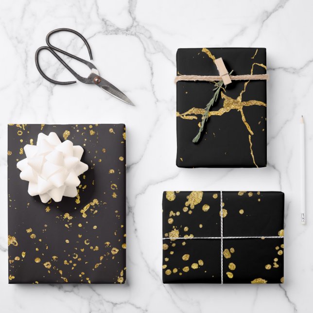 Hoja De Papel De Regalo Elegante patrón de estampado y rayas doradas (Anverso)