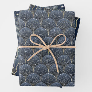 Hoja De Papel De Regalo Elegante patrón de estilo Art Deco azul bruja y or