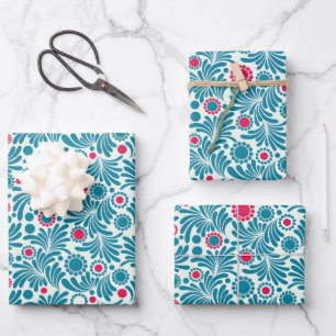 Hoja De Papel De Regalo Elegante patrón de follaje en cian y magenta