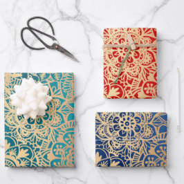 Hoja De Papel De Regalo Elegante patrón de manala azul verde rojo y dorado
