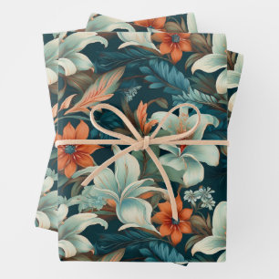 Hoja De Papel De Regalo Elegante patrón floral de flor naranja turquesa