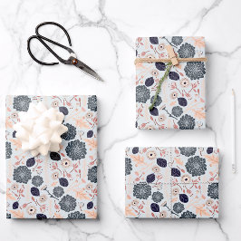 Hoja De Papel De Regalo Elegante Patrón Floral De Peach Azul Gris