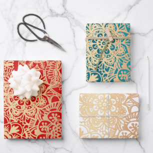Hoja De Papel De Regalo Elegante patrón Mandala Oro verde rojo