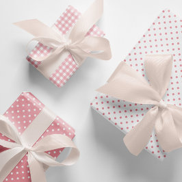 Hoja De Papel De Regalo Elegante Peach Pink Polka Dots Gingham Pattern Mix