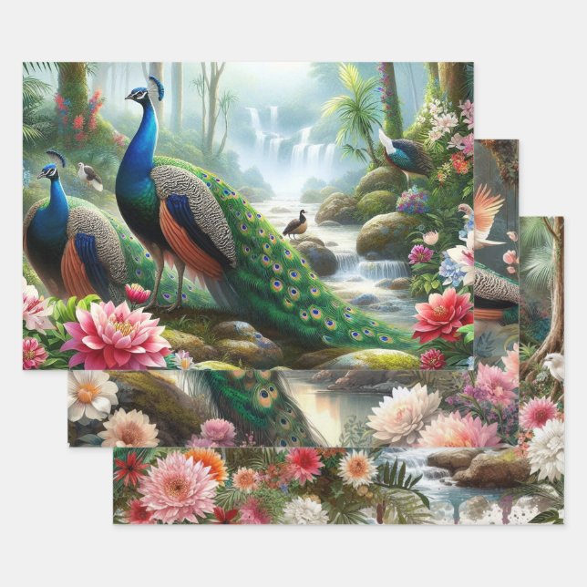 Hoja De Papel De Regalo Elegante Peacock Floral (Set)