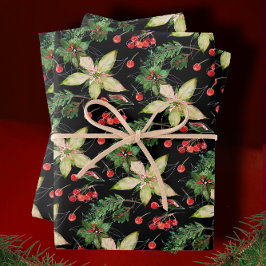 Hoja De Papel De Regalo Elegante Poinsettia y Berries en negro