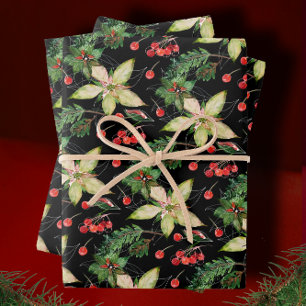 Hoja De Papel De Regalo Elegante Poinsettia y Berries en negro