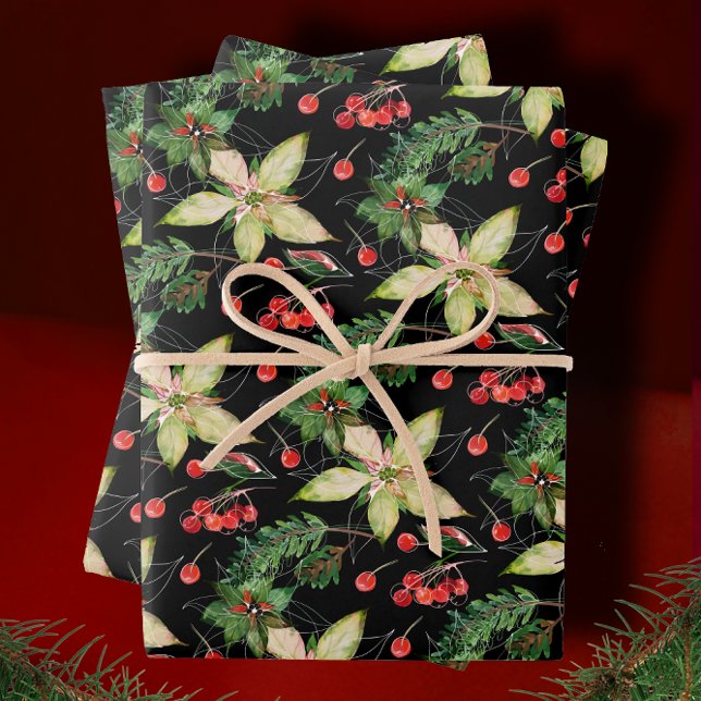 Hoja De Papel De Regalo Elegante Poinsettia y Berries en negro (Subido por el creador)