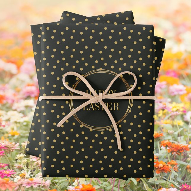 Hoja De Papel De Regalo Elegante Polka de Oro Dots Christian Feliz Pascua (Elegant Dark Green Gold Polka Dots Christian Happy Easter Wrapping Paper Sheets)