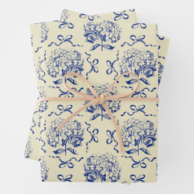 Hoja De Papel De Regalo Elegante Preppy Azul Beige Hydrangea Patrón de inc (In situ)