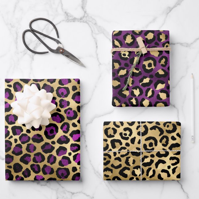 Hoja De Papel De Regalo Elegante púrpura y Relieve metalizado dorado Leopa (Anverso)
