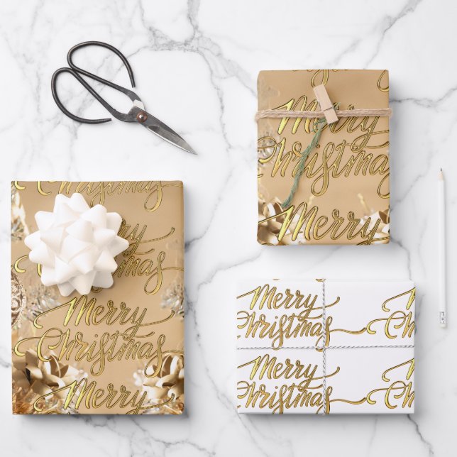 Hoja De Papel De Regalo Elegante purpurina dorado copos de nieve Feliz Nav (Anverso)