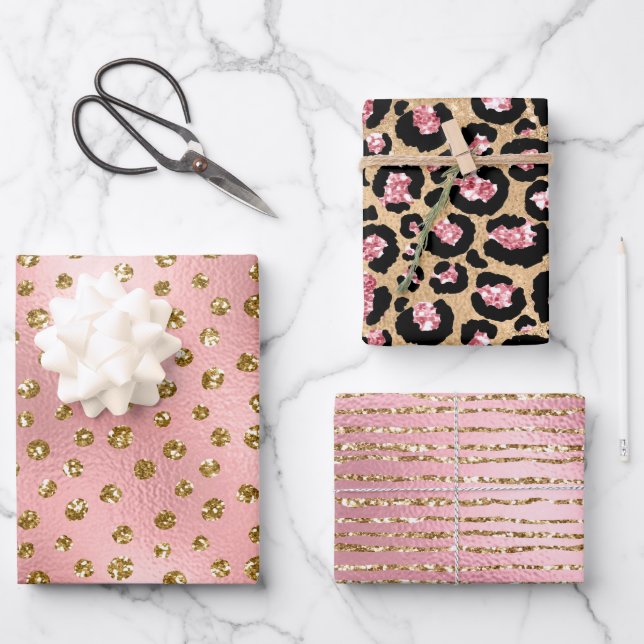 Hoja De Papel De Regalo Elegante Purpurina Oro Rosa Leopardo Chita Negro (Anverso)