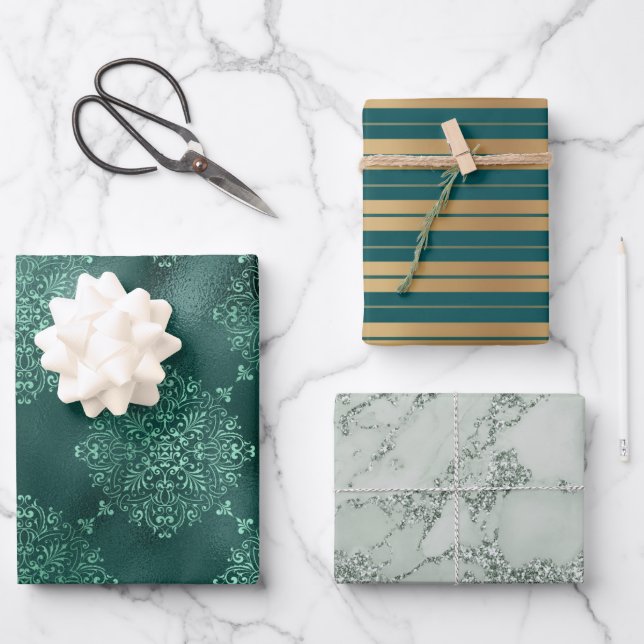 Hoja De Papel De Regalo Elegante regalo de Damask Purpurina de rayas verde (Anverso)