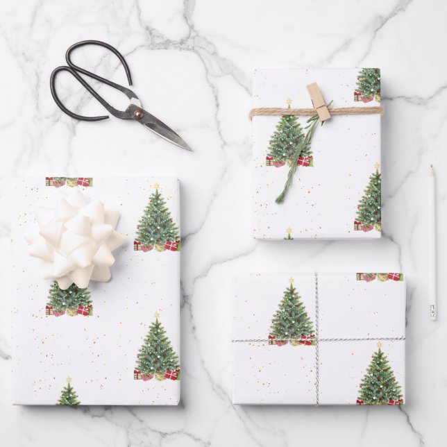 Hoja De Papel De Regalo Elegante regalo de patrón de árbol de Navidad verd (Anverso)