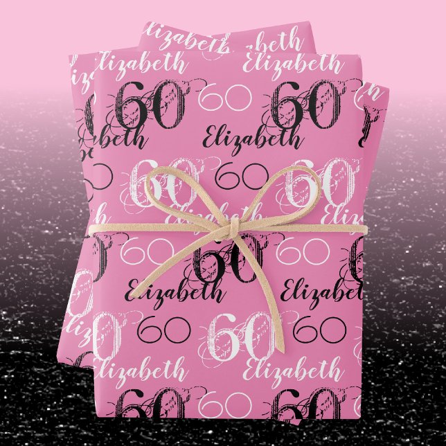 Hoja De Papel De Regalo Elegante regalo personalizado rosado 60 cumpleaños (Wrapping Paper in-situ)