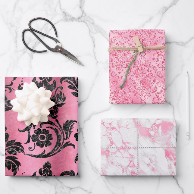 Hoja De Papel De Regalo Elegante regalo Purpurina de damasco rosa (Anverso)