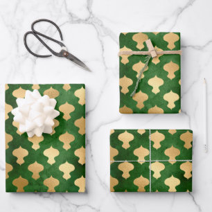 Hoja De Papel De Regalo Elegante Relieve metalizado de oro verde patrón ad