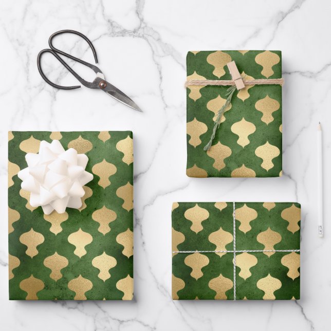 Hoja De Papel De Regalo Elegante Relieve metalizado de oro verde patrón ad (Anverso)