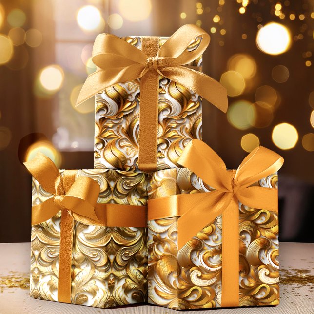 Hoja De Papel De Regalo Elegante Relieve metalizado dorado abstracto falso (Elegant Abstract Faux Gold Foil and White Wedding Wrapping Paper Sheets Trio)