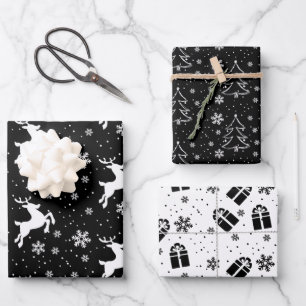 Hoja De Papel De Regalo Elegante reno blanco negro y árbol de Navidad