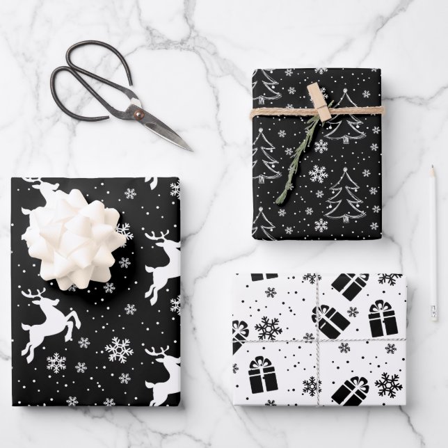 Hoja De Papel De Regalo Elegante reno blanco negro y árbol de Navidad (Anverso)
