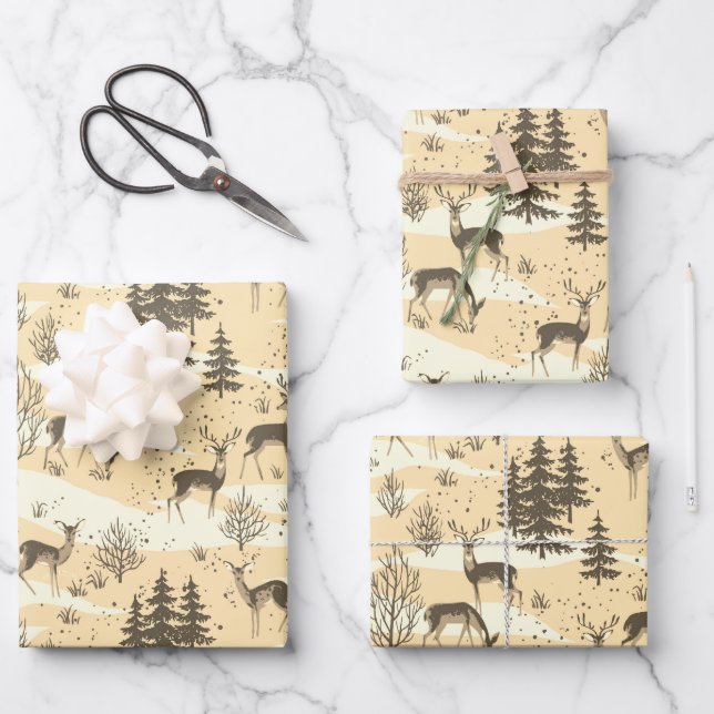 Hoja De Papel De Regalo Elegante retro beige crema de madera venado (Anverso)
