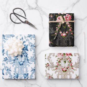 Hoja De Papel De Regalo Elegante Rococo floral-blanco, negro, azul