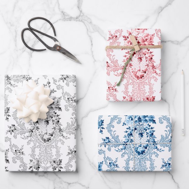 Hoja De Papel De Regalo Elegante Rococo francés Floral-Rosa, Gris y Azul (Anverso)