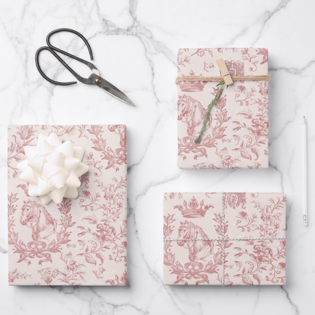 Hoja De Papel De Regalo Elegante Rosa de Moda Beige Ecuestre Floral Toile (Anverso)
